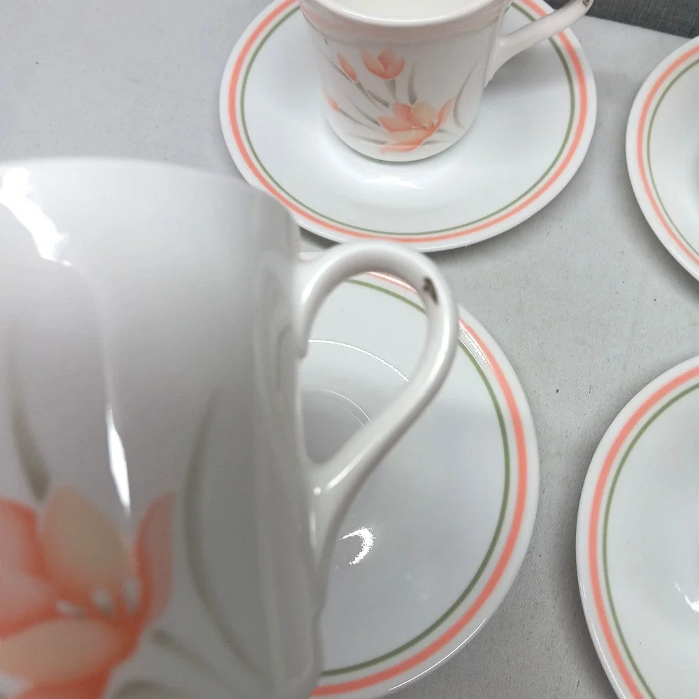 Vintage Corelle Peach Floral Cup Saucer Set‎ 4 Pink Green Stripe USA